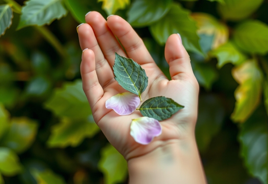 Mano che tiene una foglia verde con delicati petali di rosa, simbolo di naturalità e cura.