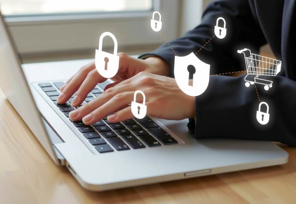 Mani che digitano su una tastiera di laptop con simboli di sicurezza e carrello della spesa che fluttuano, indicando transazioni online sicure.