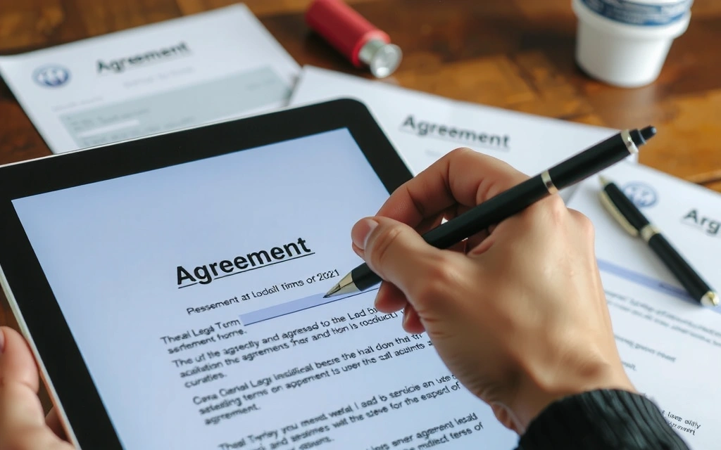 Mano che firma un documento legale su un tablet, simbolo di accordo e termini di servizio.